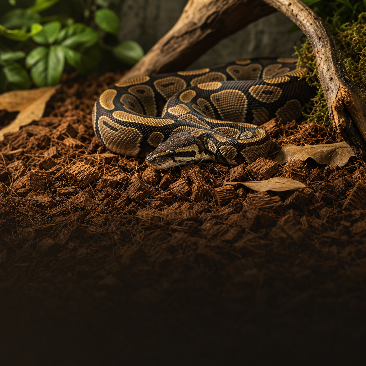Ball python in a terrarium on coco husk chips