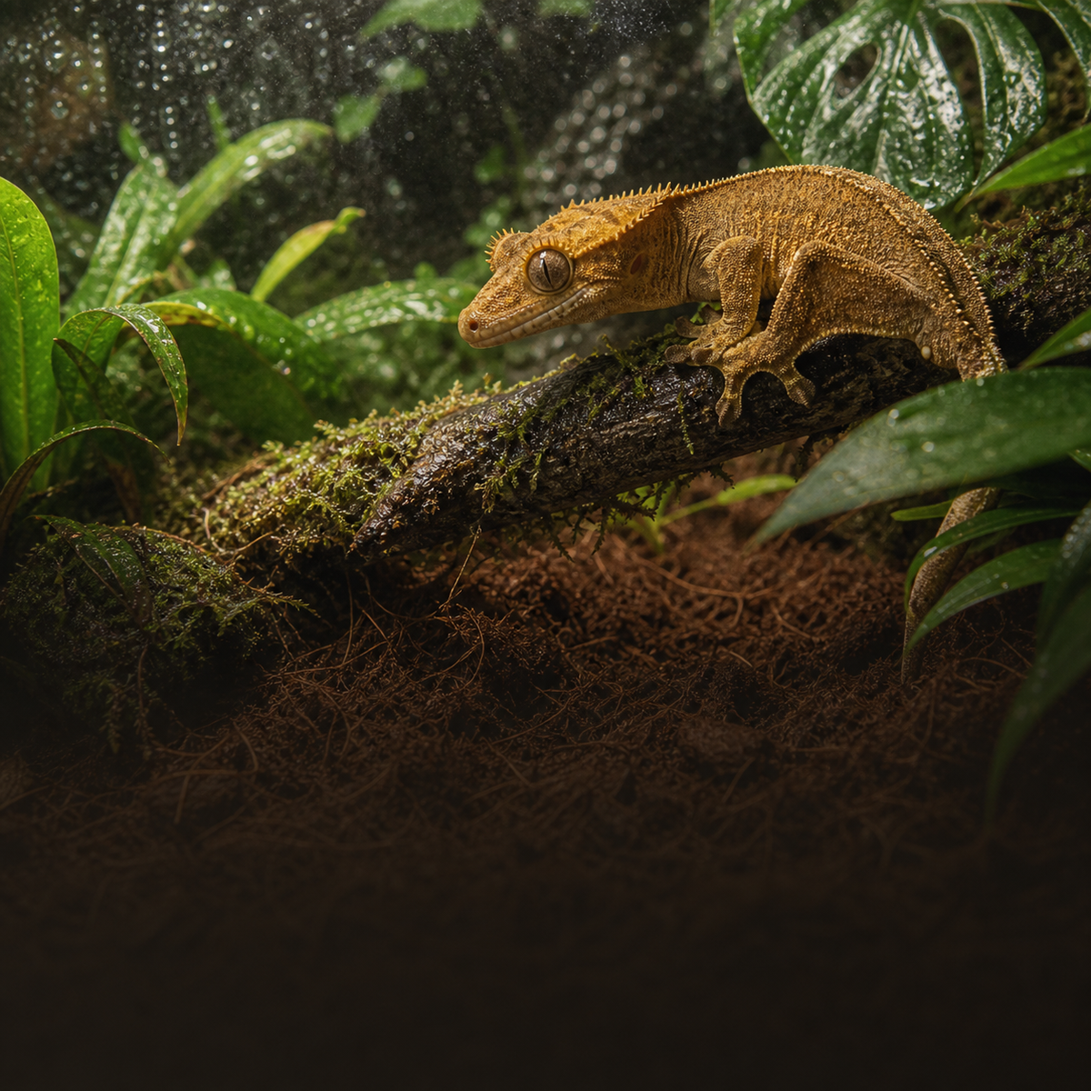 Crested gecko on a branch in a tropical terrarium